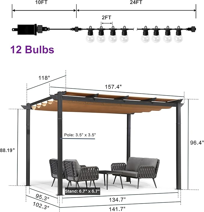PURPLE LEAF 10' x 13' Aluminum Outdoor Pergola Modern Grape Trellis Retractable Pergola with Double Sun Shade Canopy Metal Pergola with Light for Patios Backyard Deck Garden, Khaki