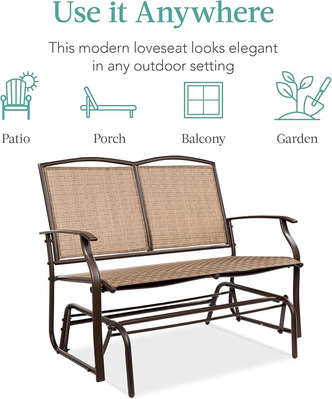Best Choice Products 2-Person Outdoor Patio Swing Glider Steel Bench Loveseat Rocker for Deck, Porch w/Textilene Fabric, Steel Frame - Brown