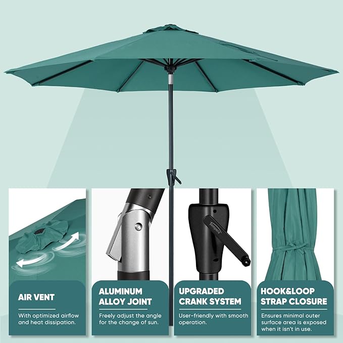 Tempera Patio Market Outdoor Table Umbrella with Auto Tilt and Crank, Large Sun Umbrella with Sturdy Pole & Fade Resistant Canopy, Easy to Set