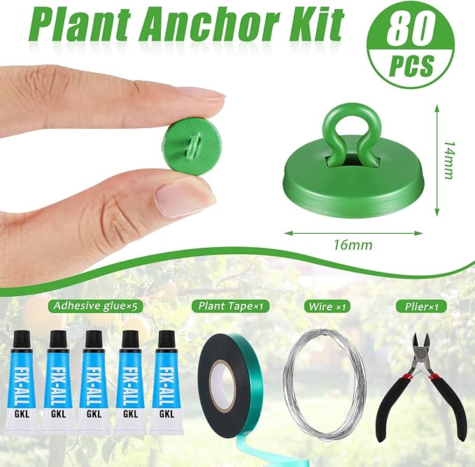 WILLBOND Plant Anchor Kit, 80 Pcs Vine Anchors 5 Pack Silicone Adhesive Sealant Garden Tie Tape Metal Wire Wire Cutters for Spring Trellis Vine and Stucco Brick Wall Climbing Plants Supplies(Green)