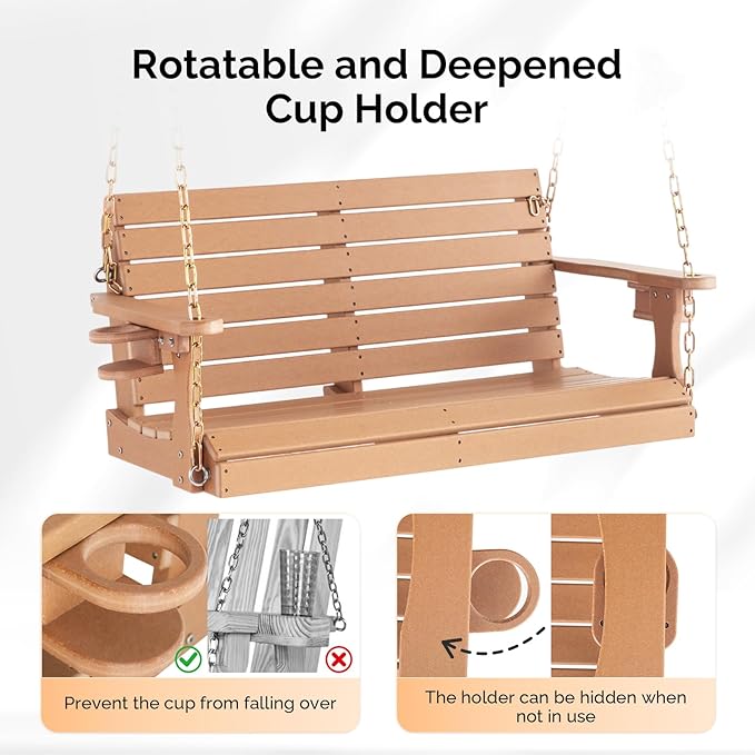 VINGLI Heavy Duty 1600 LBS HDPE Porch Swing Outdoor with Rotatable Cup Holder, 4 FT Patio Bench Swing with Adjustable Chains, 2 Person Hanging Porch Swing Chair for Porch, Yard, Tree, Garden - Teak