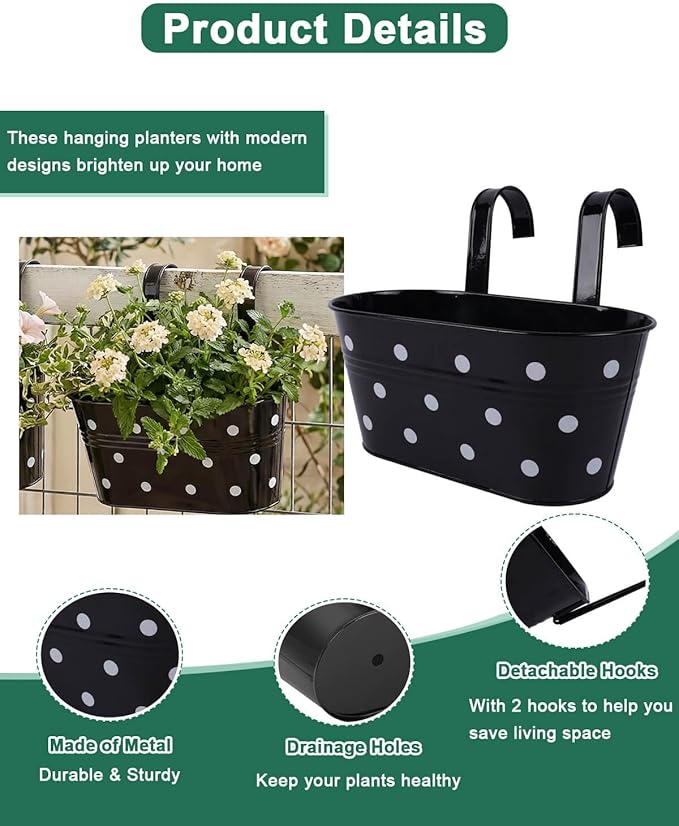 Metal Railing Planters for Outdoor Plants - 3 Pcs Balcony Hanging Flower Pots with Detachable Hooks & Drain Holes, Windowsill Oval Hanging Buckets Fence Planters for Garden Home Decor, Black with Dot