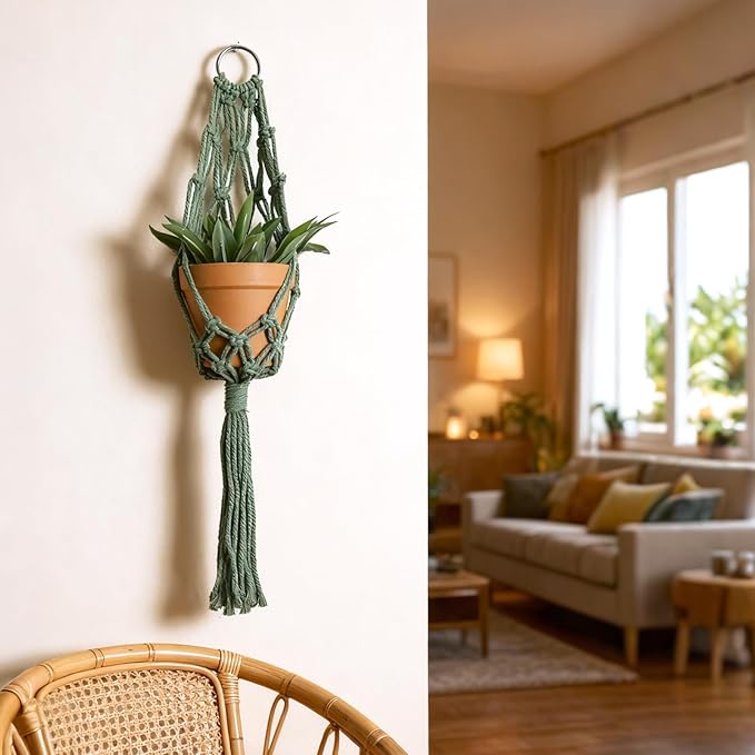 Artilady Macrame Hanging Planter for Indoor Plants, Boho Woven Plant Hanger Large Hanging Flower Pot Holders Outdoor Baskets Storage Green Wall Decor (Olive Green-2pcs)