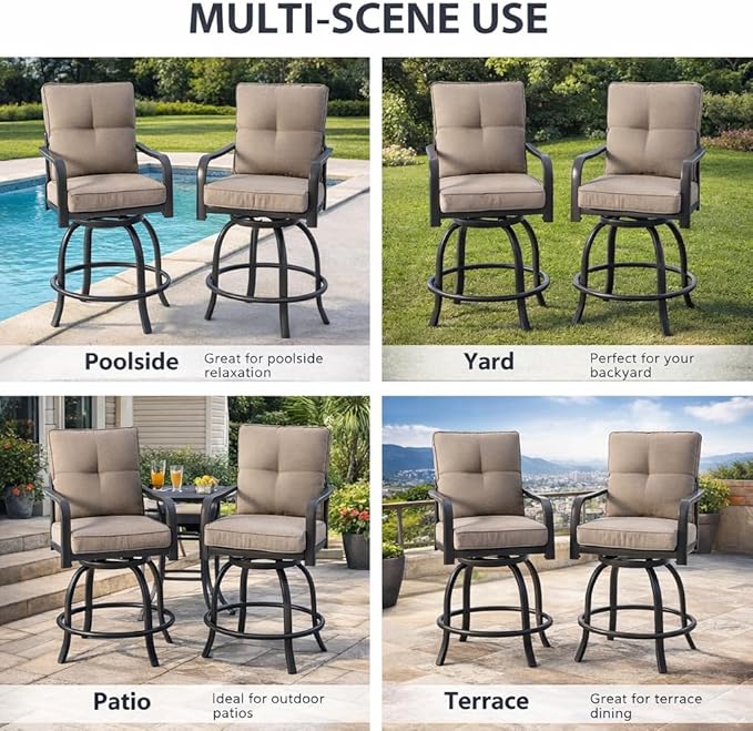 Kozyard Isabella Outdoor Swivel Bar Chairs, Counter Height Patio Bar Stools Set of 2 with Cushioned Seats, All-Weather Metal Bistro Chairs for Backyard Dining Beige