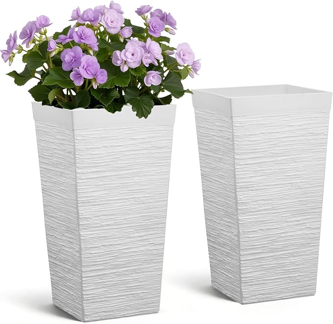 VEVOR Set of 2 Tall Planters for Outdoor Plants 23 inch, White Tall Planter for Indoor Plants, Modern Planters for Front Porch Patio Balcony, Plant Container Flower Pots with Built-in Drainage