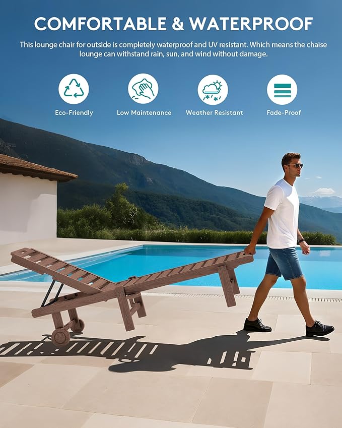 SERWALL Outdoor Chaise Lounge Set of 8, HDPE Pool Lounge Chairs with 5-Position Adjustable Backrest, Patio Loungers with Rolling Wheels & Cup Holder for Pool Sunbathing, Brown