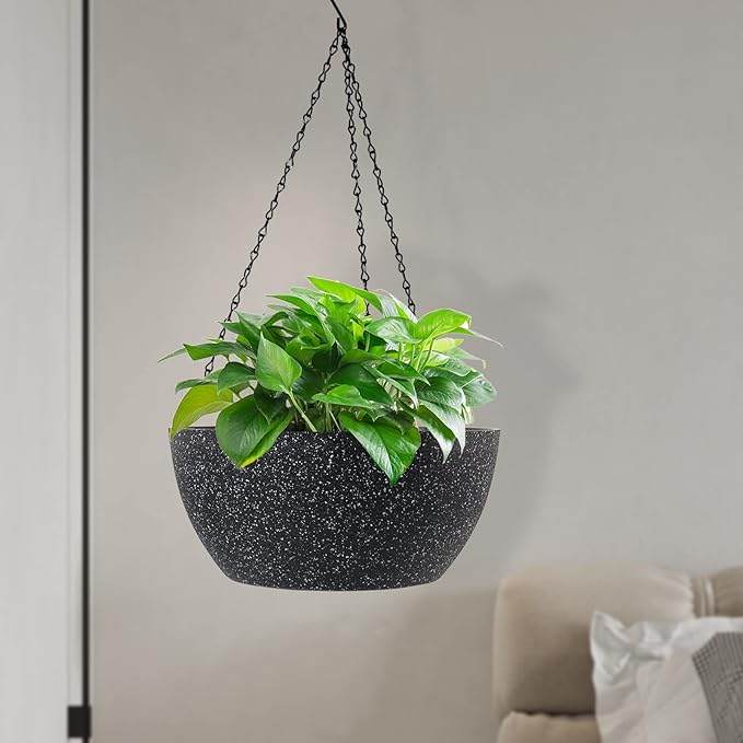 13 inch Large Hanging Planters Plant Pots for Outdoor Indoor Plants with Drainage Holes and Chain, 2 Pack Round Hanging Flower Pots for Garden Home Porch Decor, Speckled Black