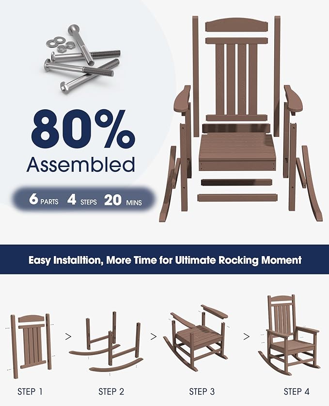 KINGYES Outdoor Rocking Chair Set of 2, High Density Polyethylene Patio Rocking Chairs with 330lbs Support for Adults, Brown