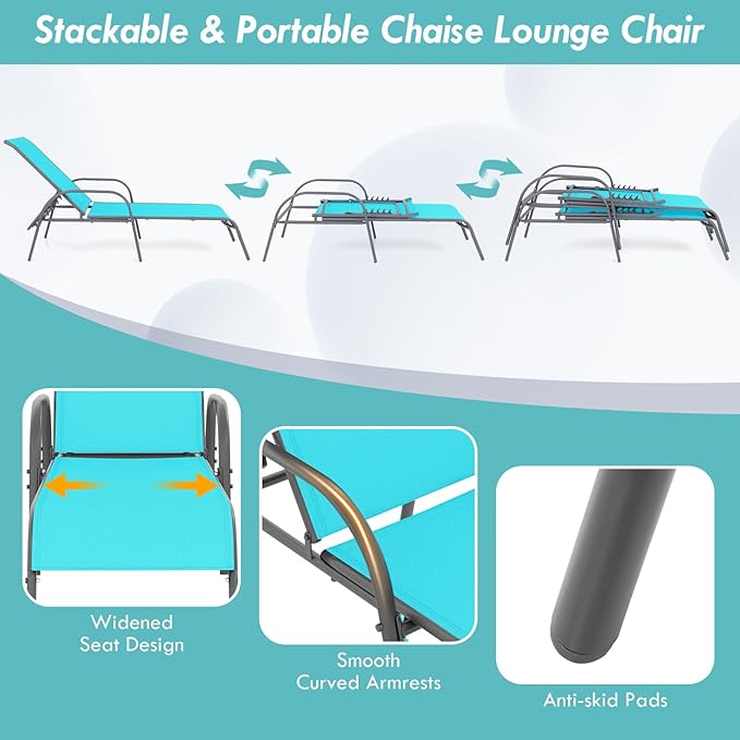 Giantex 2 Pack Patio Lounge Chair, Outdoor Chaise Lounge with 5 Adjustable Backrest, Sturdy Steel Frame, Sunbathing Recliner, Tanning Chair for Beach, Outside, Yard, Balcony, Pool Chairs (2,Turquoise)