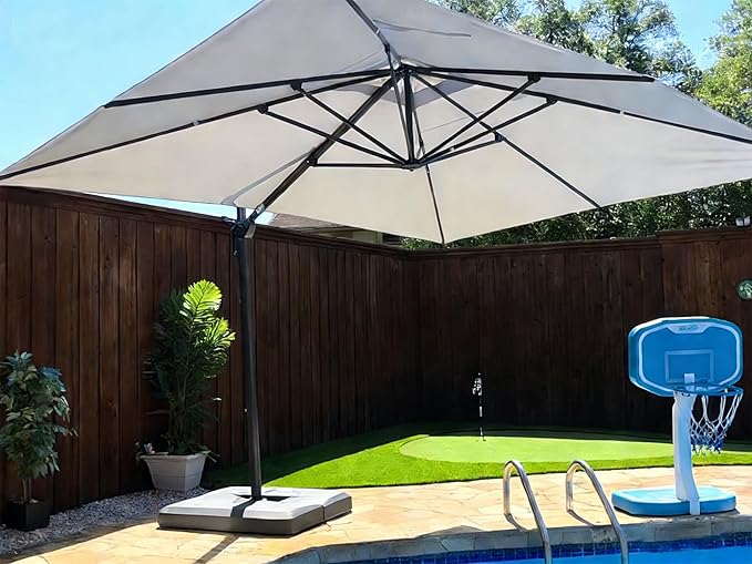PURPLE LEAF 10' X 13' Rectangle Cantilever Umbrella with Base Outdoor Large Aluminum Patio Umbrella with 3-Year Fade Resistance Recycled Fabric and 360-degree Rotation for Deck Pool, Pebble Grey