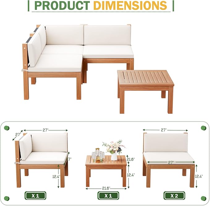 Devoko 4 Pieces Outdoor Sectional Couch Patio Sectional Sofa with Acacia Wood Coffee Table, Outdoor L-Shaped Couch with All-Weather Cushion for Patio,Deck,Backyard(White)