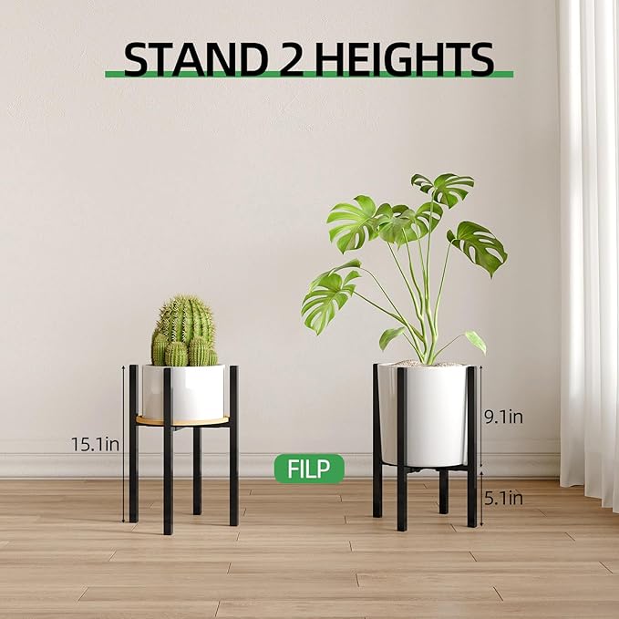 Adjustable Plant Stand Indoor Outdoor, Metal Plant Stand 9 to 15 Inches, Mid Century Modern Floor Flower Pots Stand, Plant Holder for Home Garden Decor Load Bearing 160 LB Black