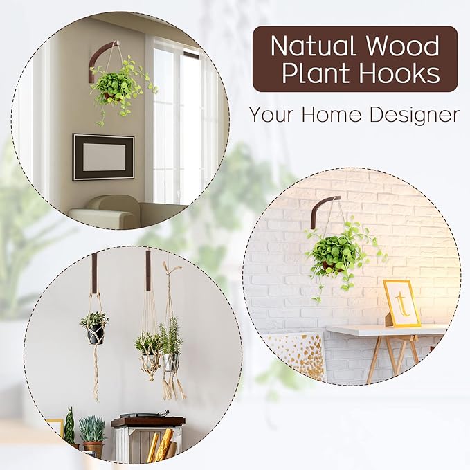 Juexica 4 Pcs Plant Hanger Wooden, 8 Inch Hanging Plant Hooks for Indoors and Outdoor, Wall Mounted Hanging Hook Brackets for Planters Lanterns Wind Chimes and Bird Feeders Patio Decor(Coffee Color)
