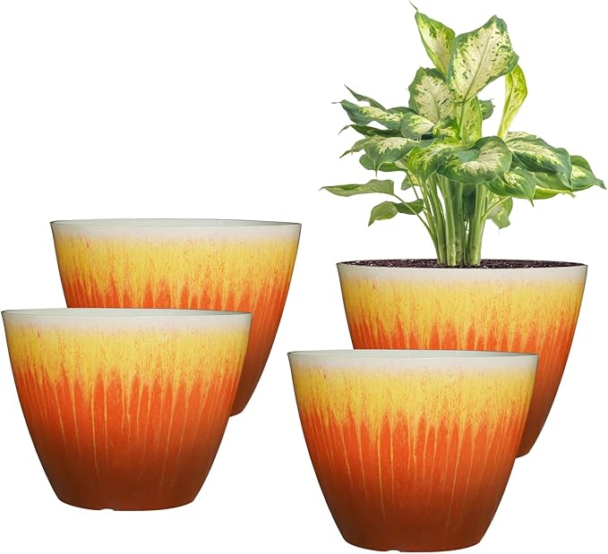 Plant Pots Pack of 4, 8 inch Plastic Flower Pots, Modern Glossy Finishing Planter for Indoor Outdoor Plants (Orange Glaze, 4 Pack)