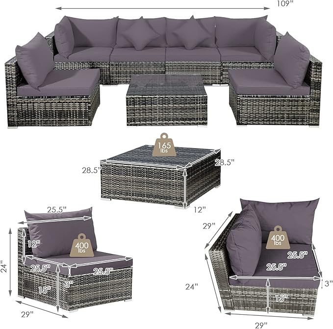 Tangkula 7 Pieces Wicker Patio Furniture Set, All-Weather Outdoor Rattan Sectional Sofa Set with Cushions & Tempered Glass Coffee Table, Outside Sofa Set for Garden, Lawn, Deck, Backyard (Grey)
