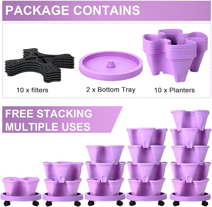 Umigy 2 Set 5 Tier Stackable Planters Vertical Garden Planters for Strawberry Herb Flower and Vegetable Indoor Outdoor Gardening Pots with Removable Wheels and Bottom(Purple)