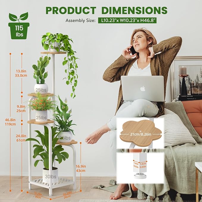 TOSKING 5 Tier Metal Plant Stand Indoor 48''H Tall ,Heavy Duty Plant Shelf , Corner Shelf Flower Pot Stand for Outdoor Plant Stand for Living Room Balcony Garden Patio Bedroom (5 Tier-White and Wood)