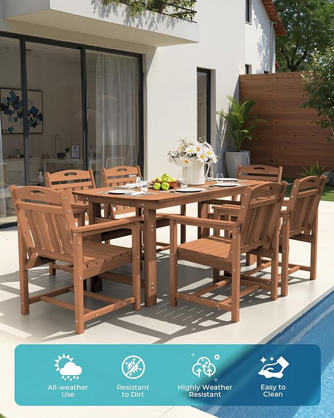 Ciokea HDPE Outdoor Dining Table with Umbrella Hole,66" Rectangle Patio Table for 6,All-Weather Outdoor Patio Furniture Set for Garden Backyard,Teak