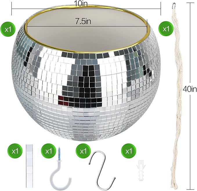 Disco Ball Planter, 1pcs 10” Silver Disco Ball Planter, Disco Ball Plant Hanger with Hanging Rope, Hanging Chain, Hook, Circle and Extra Mirror Pieces