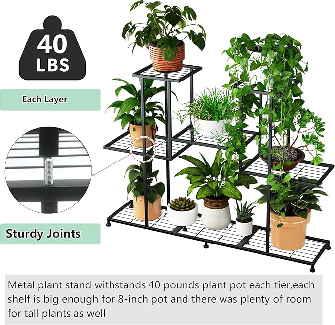 Twhep Metal Plant Stand, 5 Tiers Multifunctional Plant Stands for Indoor Plants, Decorative Black Steel Plant Shelf for Indoor Patio Garden Balcony and Yard (4 tiers 12 pots)