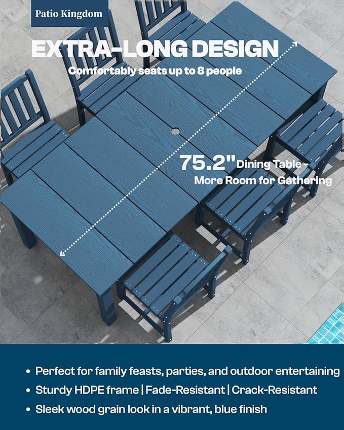 5-Piece Navy Blue Outdoor Dining Set for 4, 75.2'' HDPE Table with Umbrella Hole & Chairs, Weather-Resistant Patio Furniture for Garden, Lawn, or Poolside