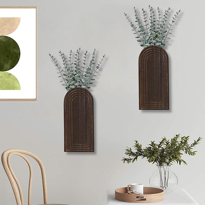 2 Pack Wooden Wall Vase Set - Dark Brown Finish Modern Farmhouse & Boho Wall Decor for Entryway, Hallway, Bathroom, Living Room, Dining Room, Narrow Spaces