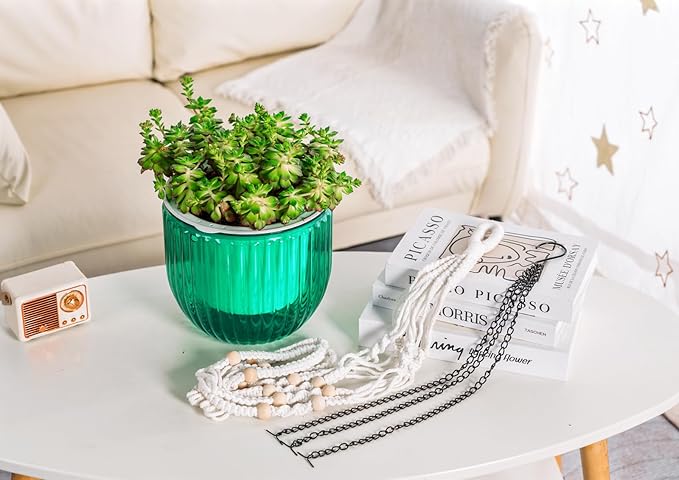 Melphoe Self Watering Hanging Planters for Indoor Plants, 1 Pack 8.3 Inch Outdoor Hanging Plant Pot Basket, 2 Kinds of Hangers Macrame 35.5’’ & Metal Chain 19.6’’ for Garden Home Decor