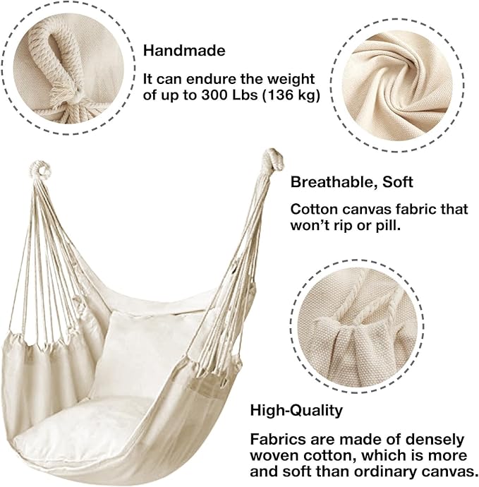 Hommtina Hammock Chair Hanging Rope Swing, Max 300 Lbs Hanging Chair with Pocket & Durability Perfect for Outdoor, Home, Bedroom, Patio, Yard (Pillows NOT Included,Beige)