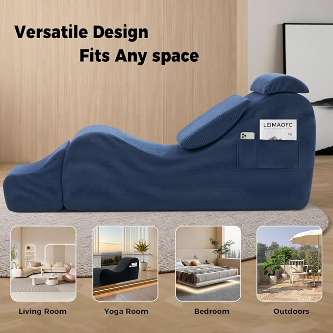 Yoga Chairs for Adults, Ergonomic Chaise Lounge Chair Indoor with Side Pocket, Lumbar Pillow, Ottoman, Yoga Chair Perfect for Stretching, Relaxation, Exercise, Used in Bedroom, Living Room (Blue)