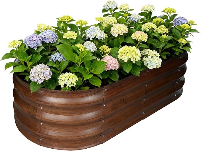 Galvanized Raised Garden Bed Outdoor, Large Raised Bed for Gardening, 4x2x1ft Oval Metal Planter Box for Vegetables, Fruits, Flowers, Dark Brown Wood Grain