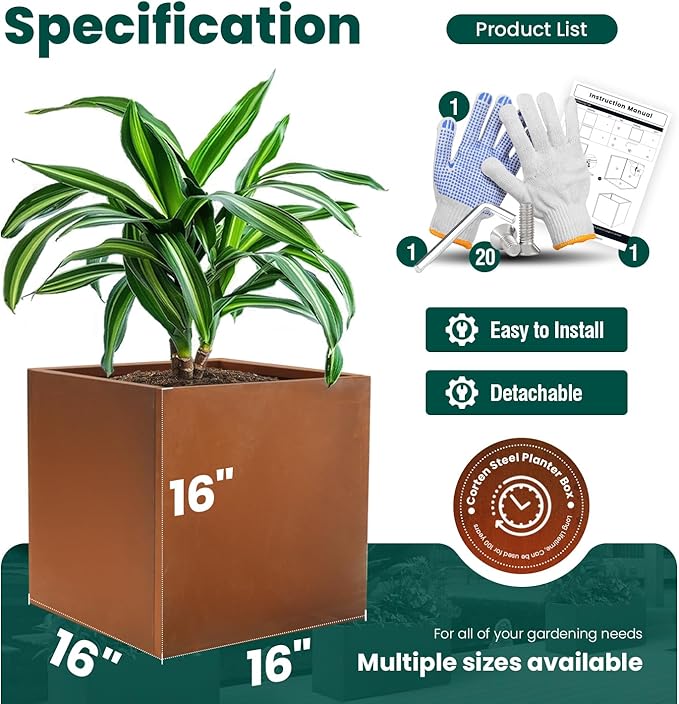 Corten Steel Planter Box Metal Planters Square Outdoor Steel Planter Cube Rustic Flower Pot 16 Inch for Commercial Residential Garden Patio and Backyard