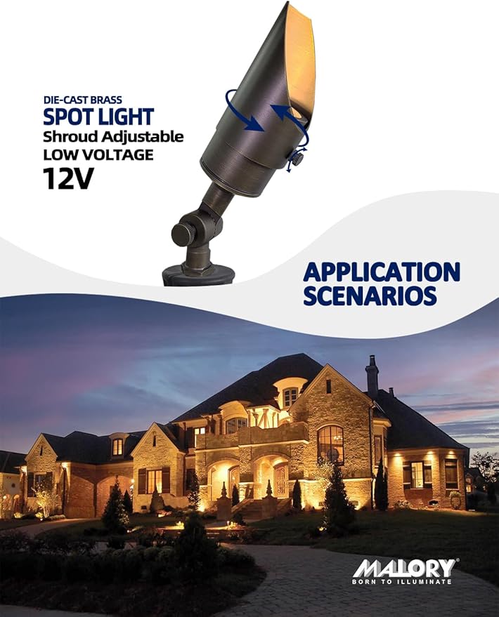 MALORY Brass Landscape Spotlight 12-Pack with MR16 Bulb Kit(S04), Low Voltage 12V AC/DC Shroud Adjustable Outside Yard Lights,PVC Ground Stake and Wire Connector Included, 5W 2700K Warm White