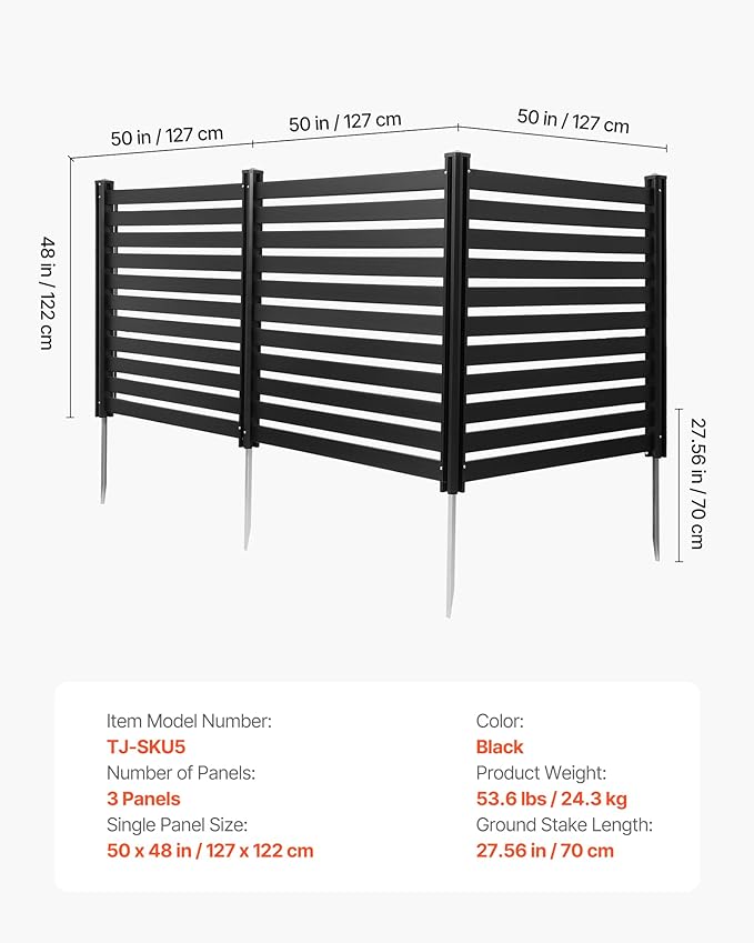 VEVOR 3 Panels Outdoor Privacy Screen, 50 x 48 in Air Conditioner Fence with 27.6 in Ground Stakes, Pool Equipment Enclosure, Vinyl Privacy Fence, Ideal for Trash Can and A/C Units, Black