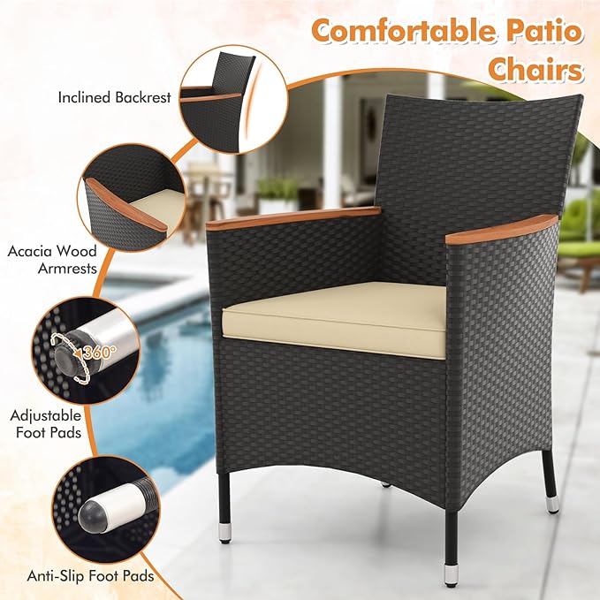 Tangkula 5 Pieces Rattan Outdoor Dining Set for 4, Outdoor Acacia Wood Table Set with 4 Cushioned Wicker Chairs, Umbrella Hole, Patio Dining Furniture Set for Deck Pool Backyard