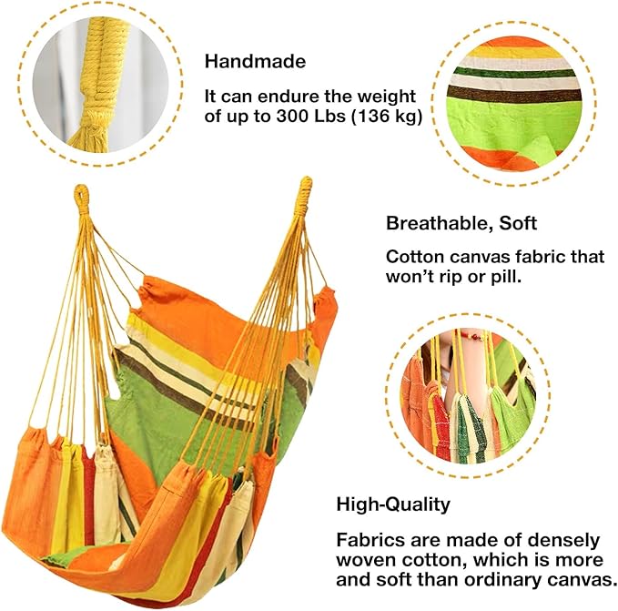 Hommtina Hammock Chair Hanging Rope Swing, Max 300 Lbs Hanging Chair with Pocket & Durability Perfect for Outdoor, Home, Bedroom, Patio, Yard (Pillows NOT Included,Orange)