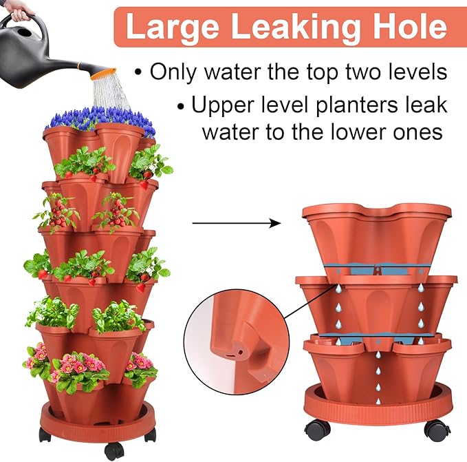 DUNCHATY Stackable Planters 6 Tier Vertical Garden Planting Tower Planters Strawberry, Herb, Flower, and Vegetable Planter Indoor Outdoor Gardening Pots with Removable Wheels and Tools