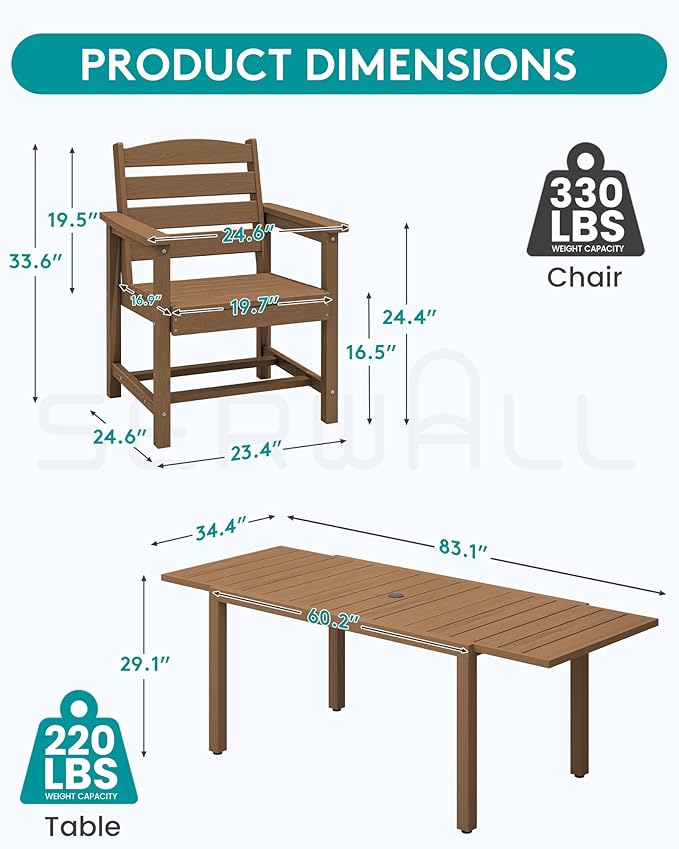 SERWALL 9-Piece Outdoor Dining Set, 60" - 83" Expandable Outdoor Dining Table and 8 HDPE Chairs, All Weather HDPE Outdoor Furniture Set for Backyard, Garden, Brown