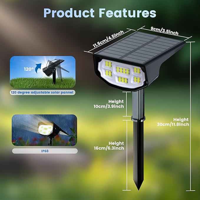 Solar Spot Lights Outdoor IP68 Waterproof, Ultra-Bright Performance，Simple Modes for Easier Operation, Auto On/Off，Solar Powered Landscape Lights for Garden, Yard, Pathway (Warm White, 4 Pack)