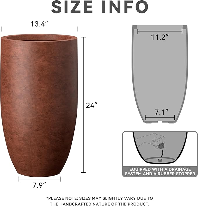 Kante 24 Inch Tall Round Concrete Planter, Large Indoor Outdoor Plant Pots with Drainage Hole and Rubber Plug, Modern Decorative Garden Pots for Home Patio Porch, Rusty