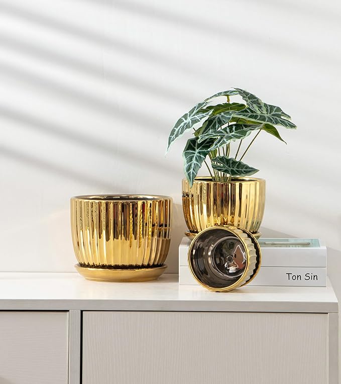 Ton Sin Gold Plant Pots,4.1+5.1+6.5 Inch Ceramic Succulent Planters Set of 3 Mini Indoor Flower Pot with Drainage,Handmade Decorative Ceramic Orchid and Herb Pots(Gold)