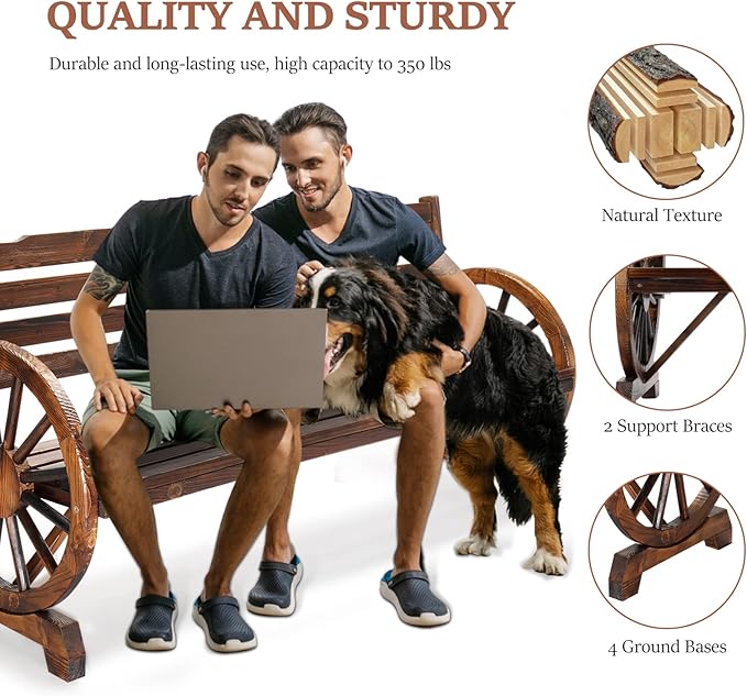 VINGLI Rustic Wooden Wheel Bench Outdoor Bench, Patio Bench Wagon Slatted Seat, Garden Benches for Outdoors 350lbs High Capacity, Weather Resistance (Rustic, 55in)