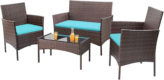 Homall 4 Pieces Patio Rattan Chair Wicker, Outdoor Indoor Use Backyard Porch Garden Poolside Balcony Furniture Sets (Blue)