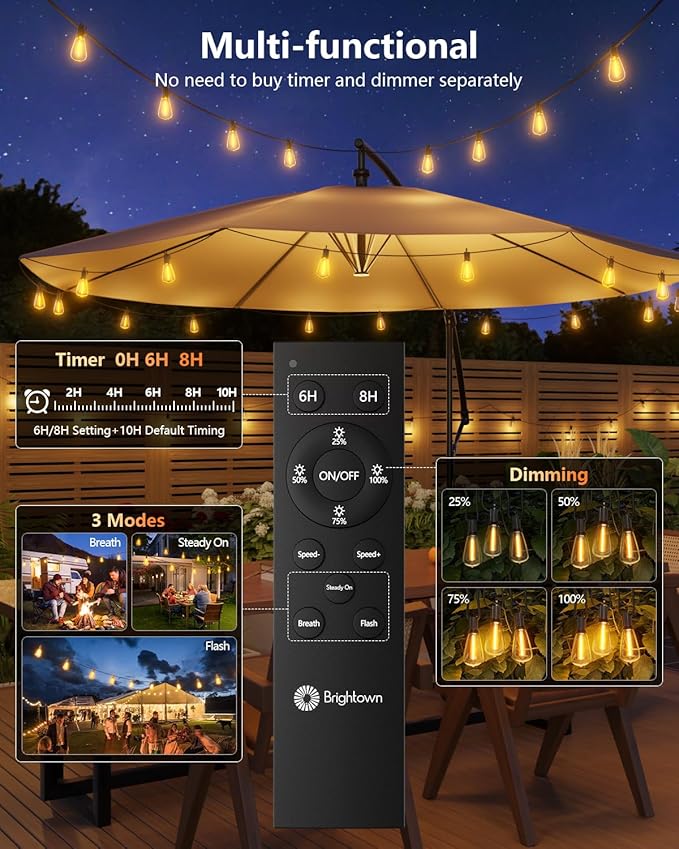 Brightown 100FT Solar String Lights Outdoor Waterproof with Remote, 31+2 LED Shatterproof Bulbs, Dimmable & Timable, 3 Light Modes - Commercial Grade Patio Lights for Garden Backyard Party Decor