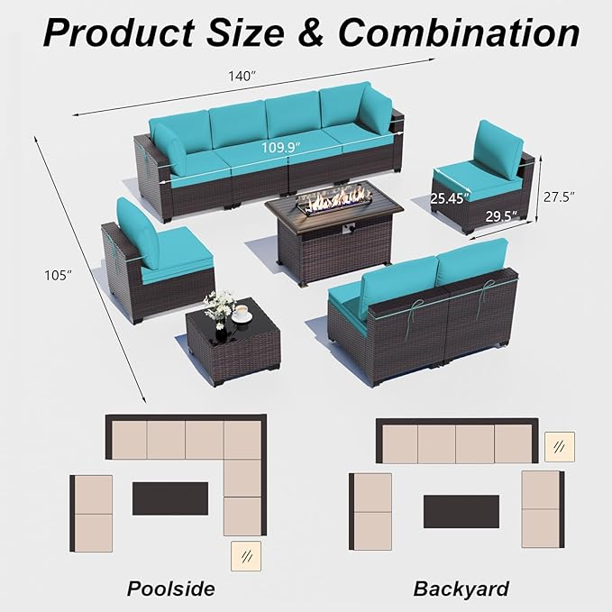ALAULM 10 Pieces Outdoor Patio Furniture Set with Propane Fire Pit Table Outdoor Sectional Sofa Sets Patio Furniture 43" Gas Fire Pit PE Rattan Patio Conversation Set w/8 Seat Cushions (Turquoise)
