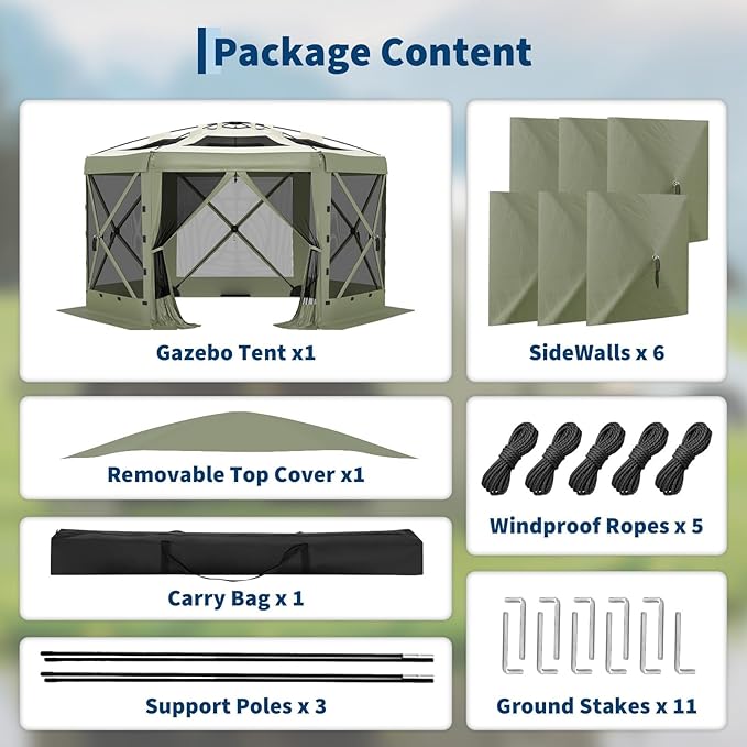 11.5x11.5FT 6-Sided Pop Up Gazebo Tent，One-Push Setup Canopy Tent with Mesh Panels & Removable Wind Cloths, Outdoor shelter for Camping, Backyard Parties, Outdoor Events - Army Green