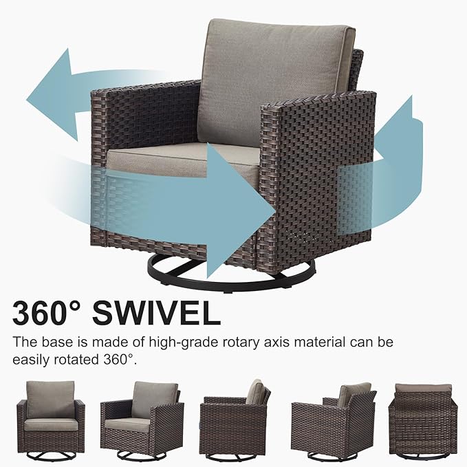 Belord Wicker Patio Furniture 5 Piece Outdoor Sofa Set, Oversize Outdoor Swivel Rocker Chairs with Rattan Ottomans, Conversation Sets Patio Furniture Come with Removable Cushion Grey, Anti-Rust Frame