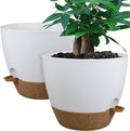 12inch 2Pack Large Self Watering Planters, Plastic Plant Pots with 60oZ Removable Deep Reservoir and Multi Mesh Drainage Holes for Indoor Outdoor Garden Plants and Flowers, White with Brown