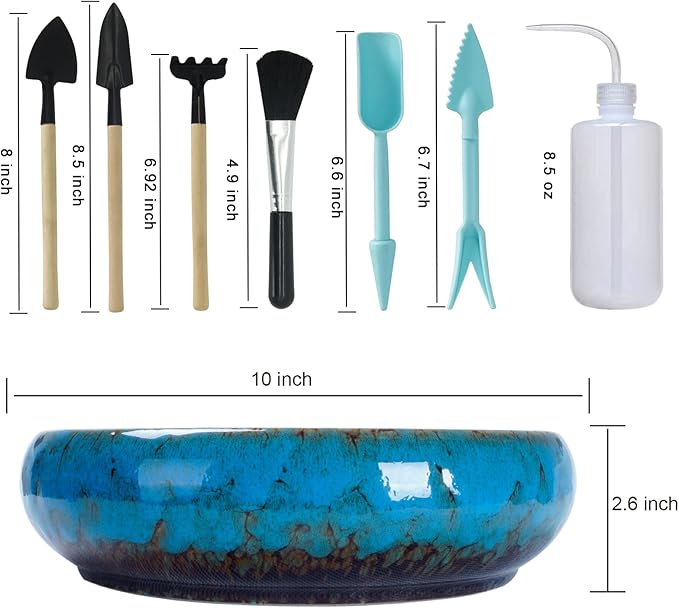 Succulent Pots, 10 Inch Large Succulent Planters with Stand - Ceramic Bonsai Pot with Drainage for Indoor Plants Cactus Flower Planter Pot Plus Succulent Planting Tools Set & 2.2lb Mix Pebbles
