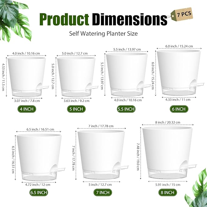 Plant Pots 4/5/5.5/6/6.5/7/8 Inch Self Watering Pots, 7 Pack Plastic Planters with Drainage Holes and Clear Saucers,Plastic Flower Pots,Nursery Planting Pot for Indoor Out Door Plants(White)
