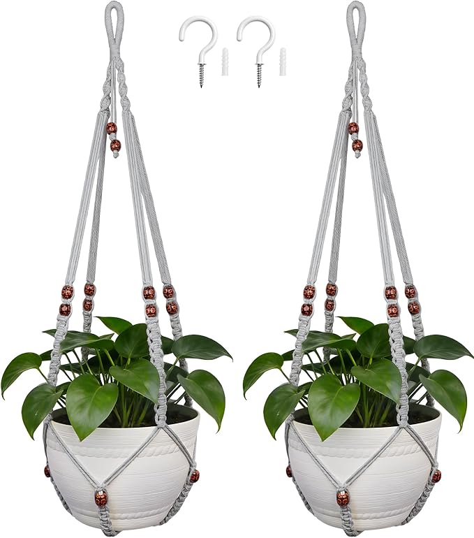 35 Inch Macrame Plant Hanger, Large for up to 15 Inch Pot Extra Long Hanging Planter Holder Basket with Wood Beads for Indoor Outdoor Home Decor (Grey, 2-Pack)